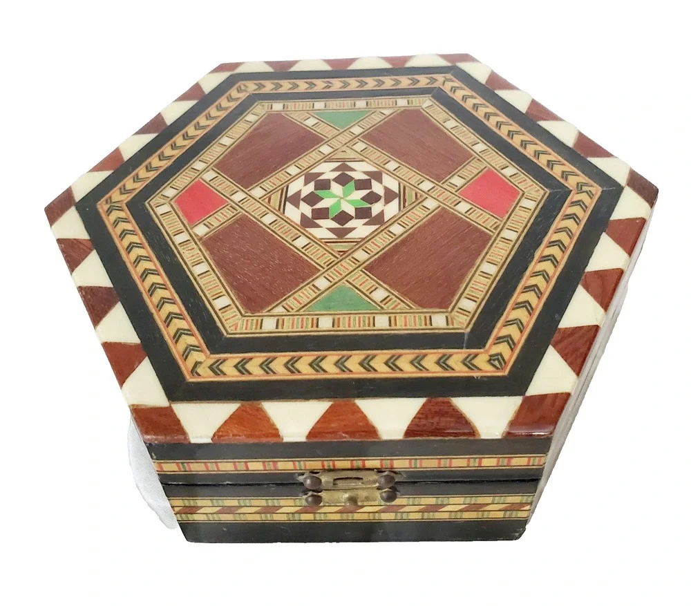 Vintage Spanish Marquetry Trinket Box| Hexagon Jewelry Inlaid Wood Taracea